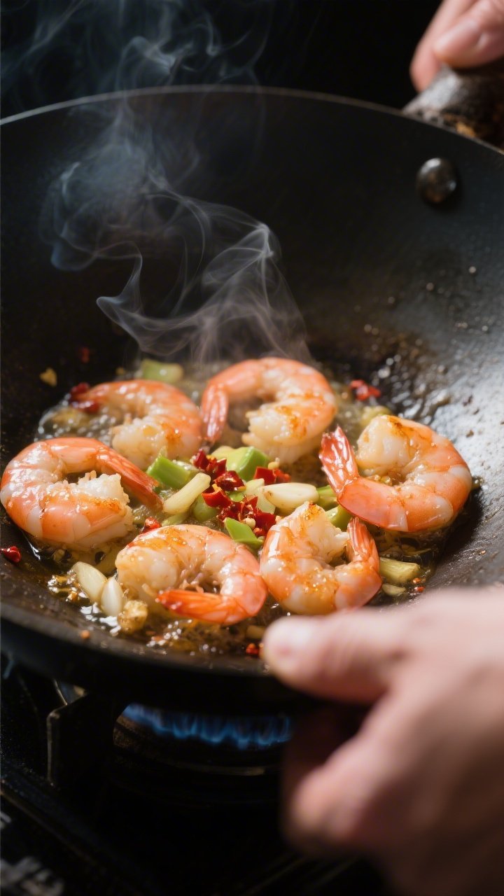 Close-up process shot: Searing shrimp in a hot wok with avocado oil—shrimp just turning pink with