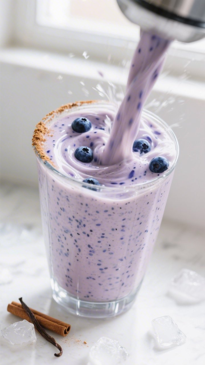 Cooking process: A high-speed action shot of a creamy blueberry keto protein smoothie mid-blend in a