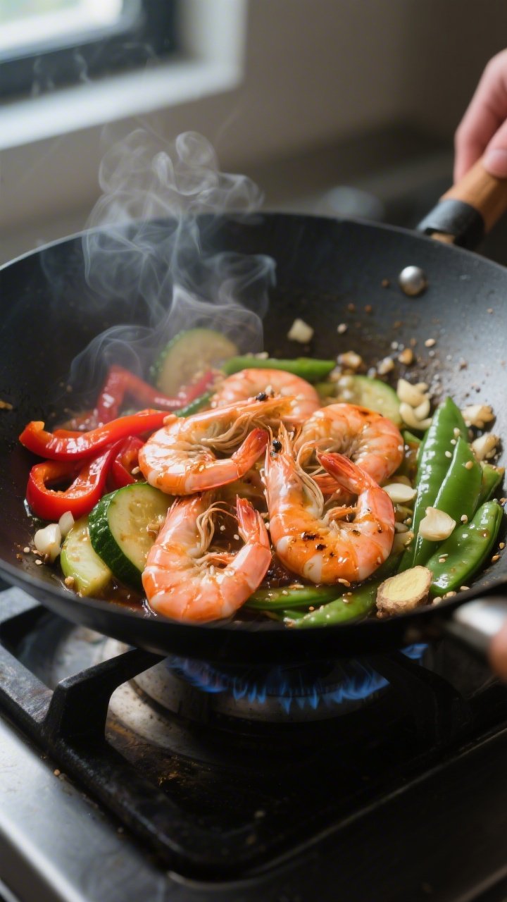Cooking process, action close-up: Searing shrimp in a blazing-hot wok, shrimp just turned pink and l