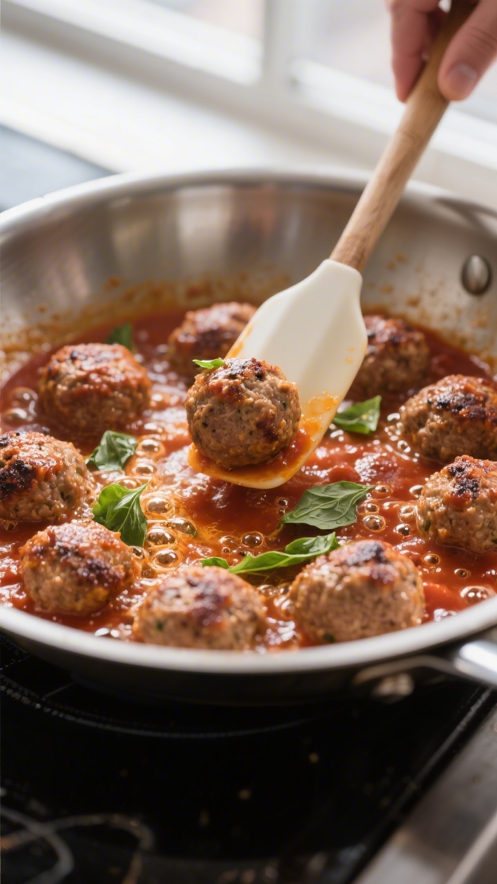 Cooking process action: Pan-seared meatballs nestled in bubbling marinara inside a large stainless s