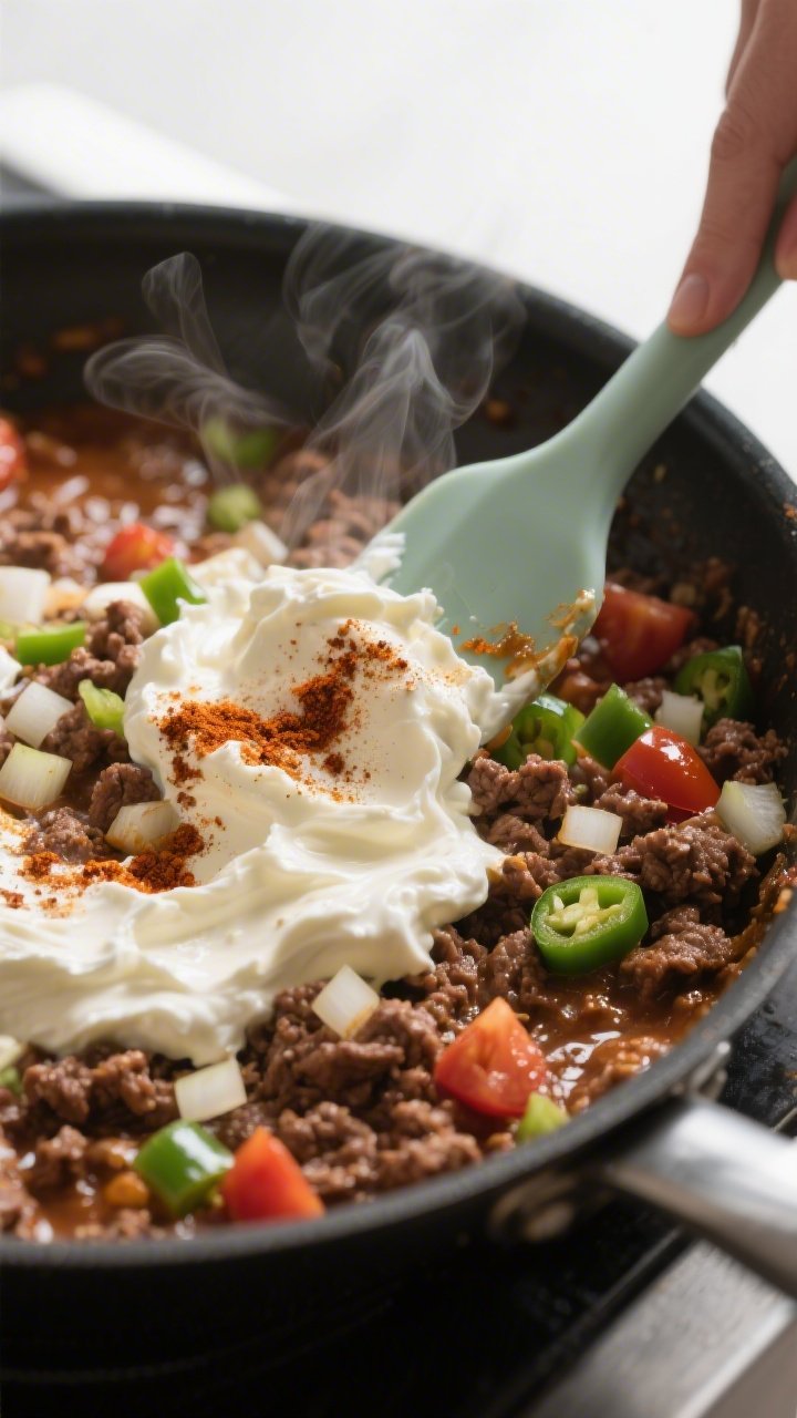 Cooking process action shot in a skillet: seasoned browned ground beef with softened diced onions an