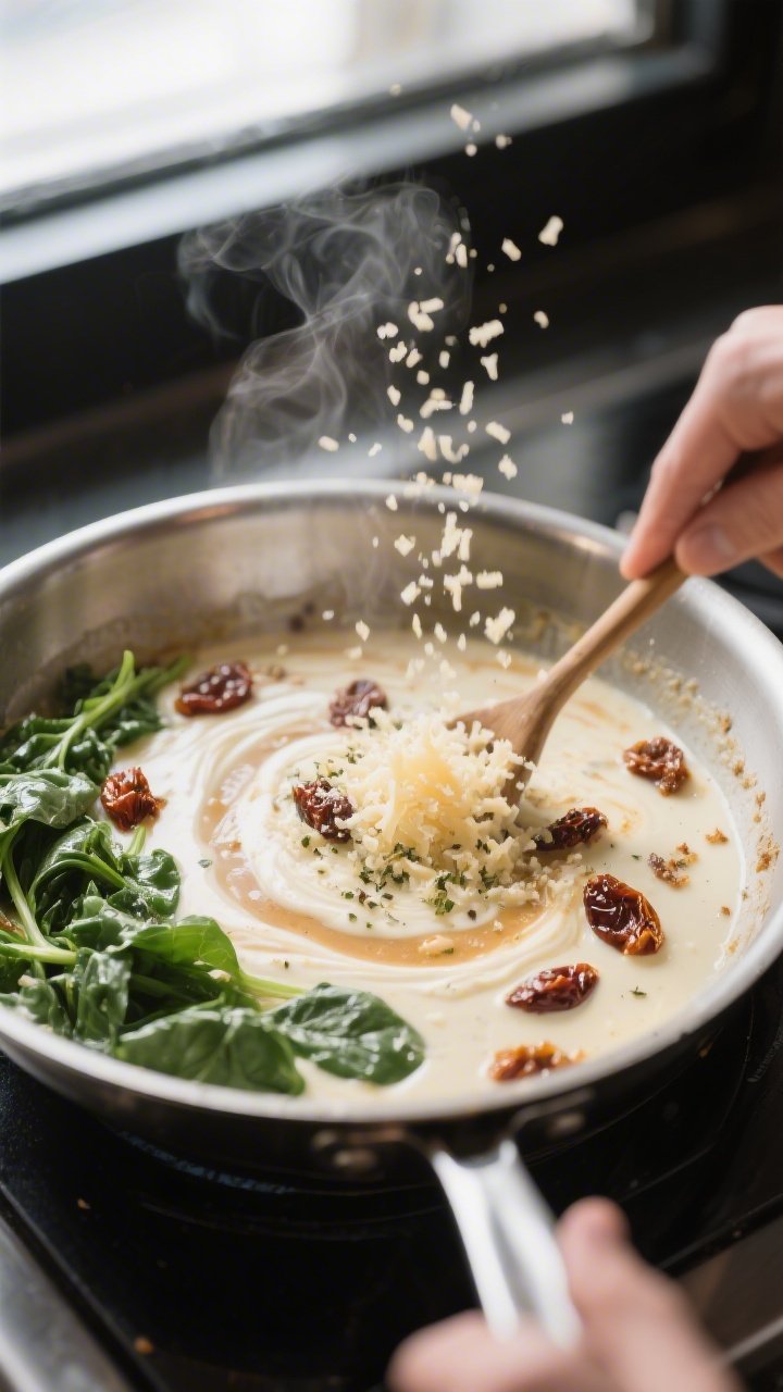 Cooking process: Action shot of the sauce-building stage in a stainless skillet—cream simmering ge