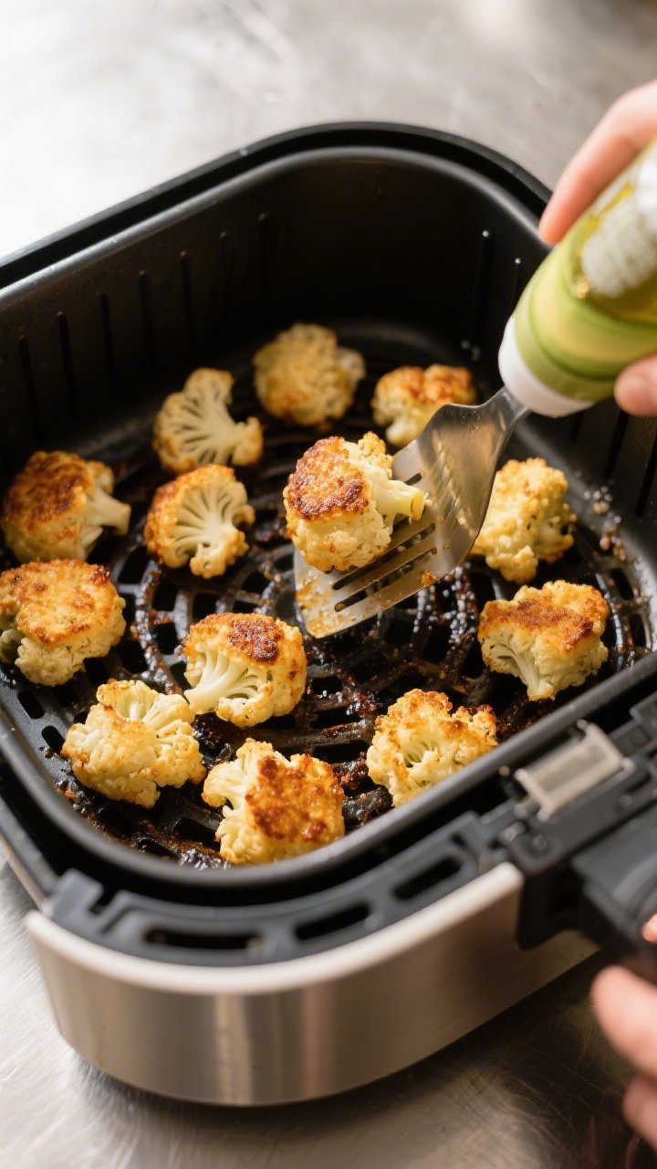 Cooking process: Air fryer basket mid-cook at 375°F with neatly spaced cauliflower tots turning dee
