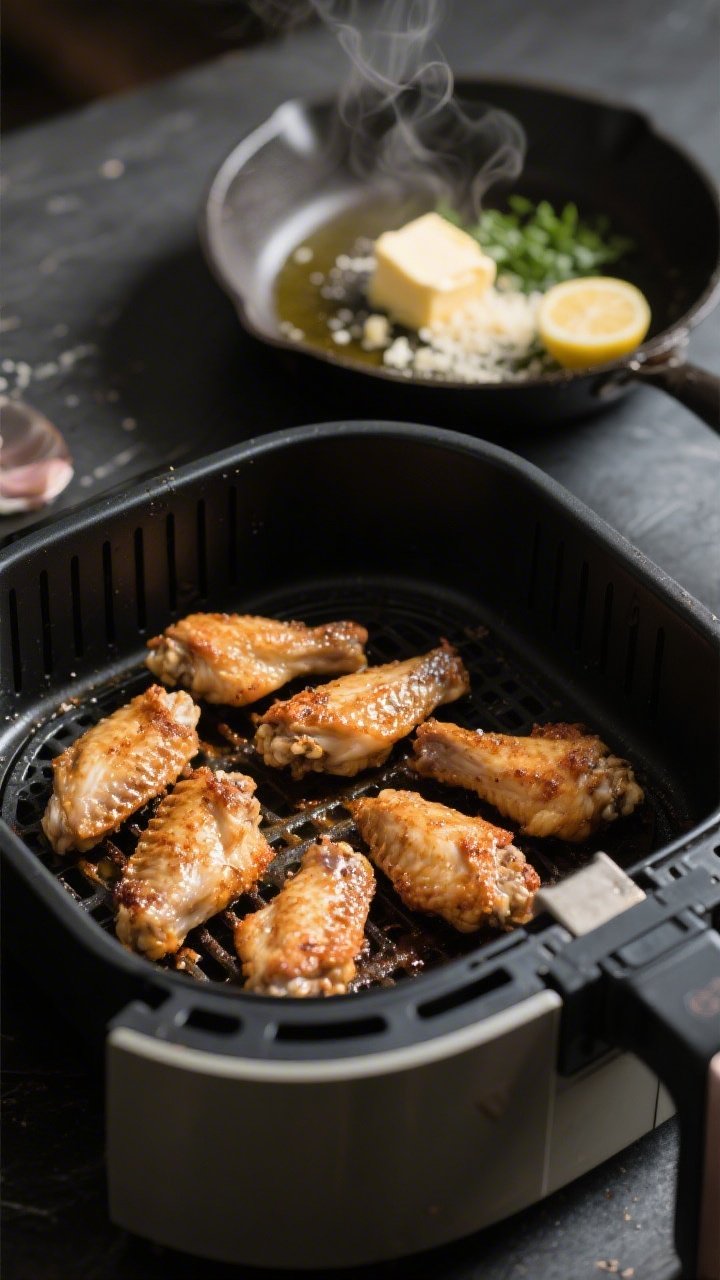 Cooking process: Air fryer basket with a single layer of wings mid-cook, surfaces rendered and crack