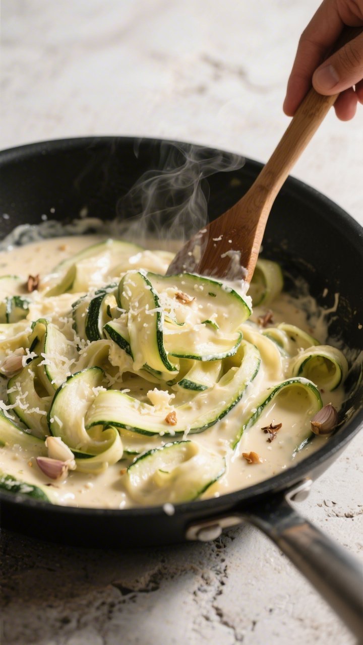Cooking process: Alfredo-coated zucchini ribbons being gently folded together in a large skillet on 