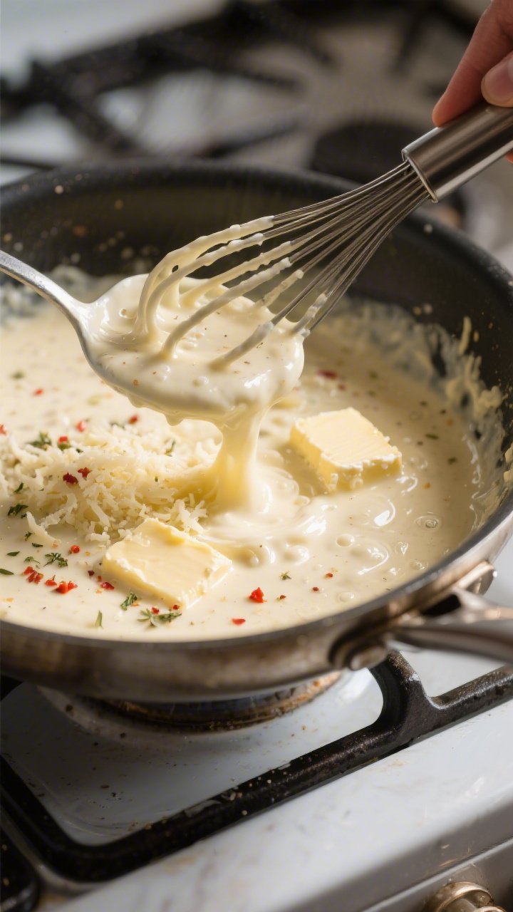Cooking process: Alfredo sauce being whisked in a stainless skillet—silky heavy-cream base emulsif