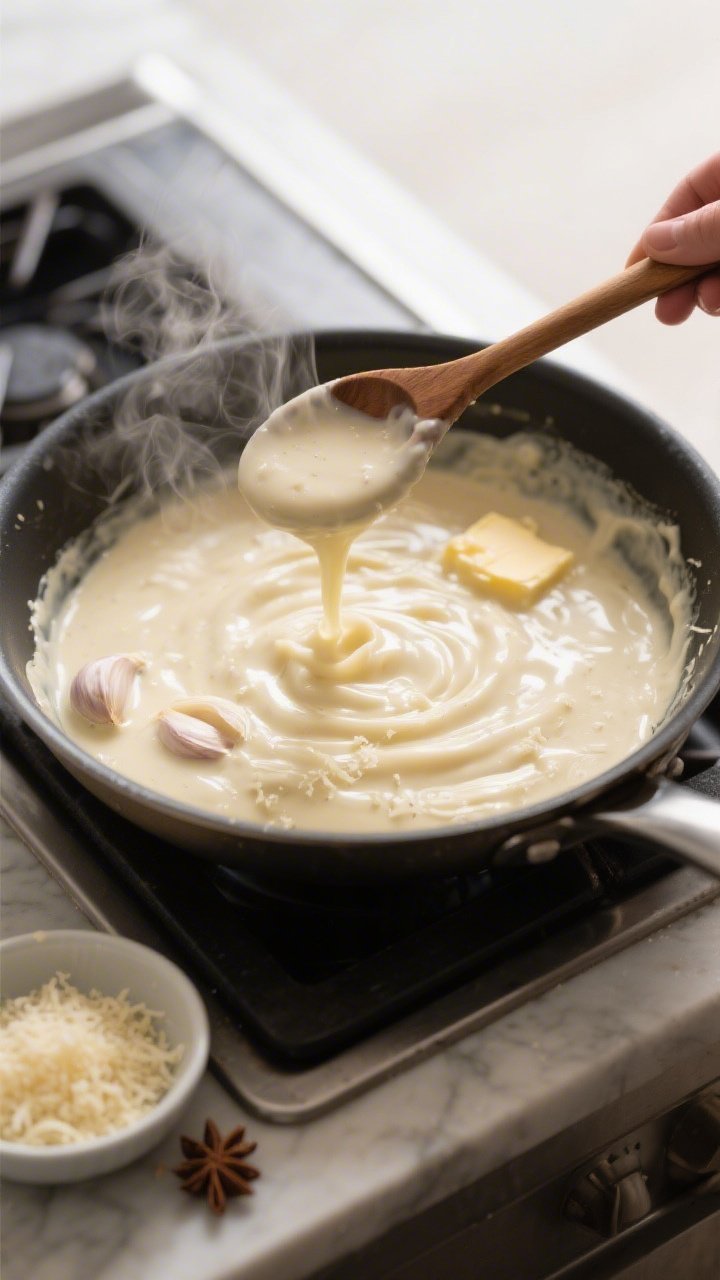 Cooking process: Alfredo sauce being whisked to a silky, spoon-coating consistency in a stainless sk