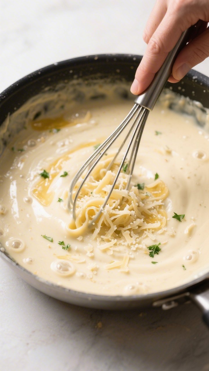 Cooking process: Alfredo sauce coming together in the pan—silky cream gently simmering as freshly 