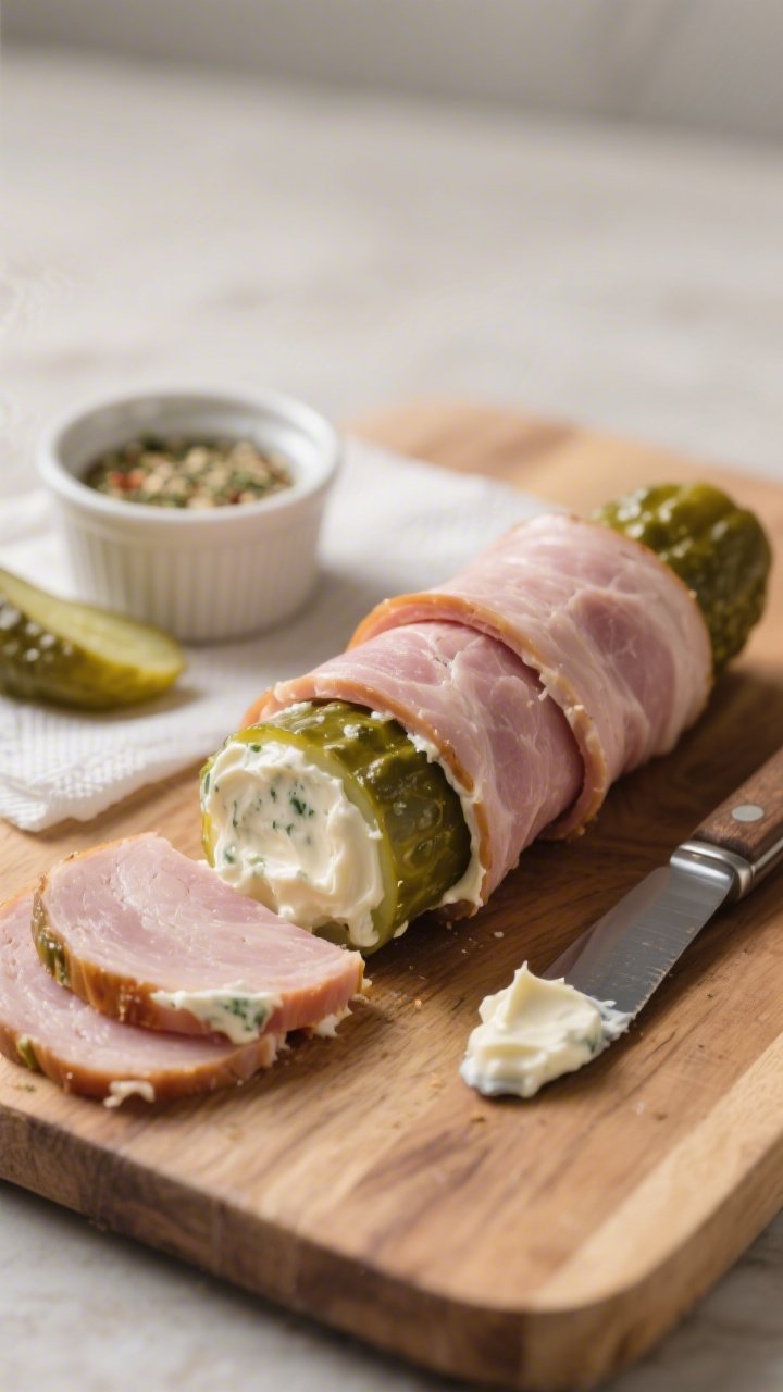 Cooking process: Assembled but unsliced Keto Creamy Ranch Pickle Roll-Up on a wooden board—two ove