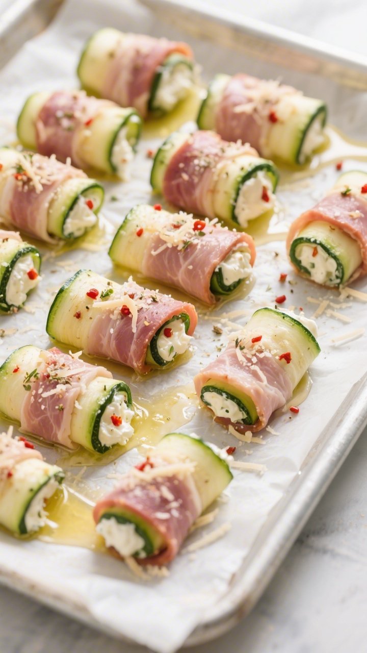 Cooking process: Assembled roll-ups pre-bake on a lined sheet, tightly rolled zucchini ribbons wrapp