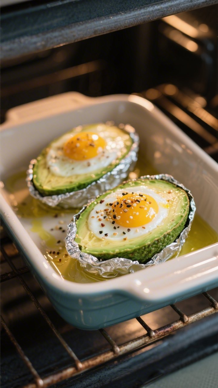 Cooking process: Avocado egg boats in a small baking dish on the center oven rack at 400°F, yolks i