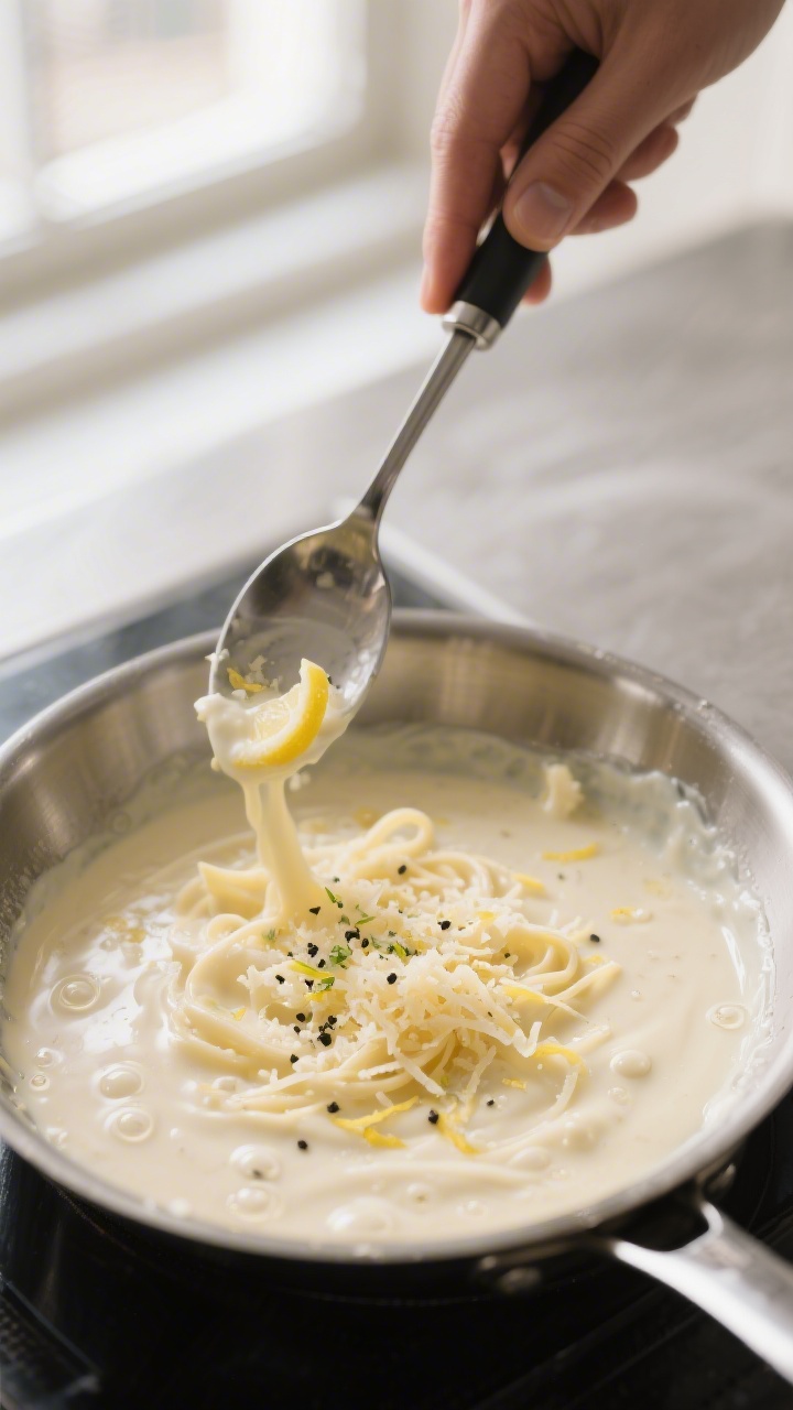 Cooking process beauty shot: Silky Alfredo sauce being whisked in a stainless-steel skillet, cream a