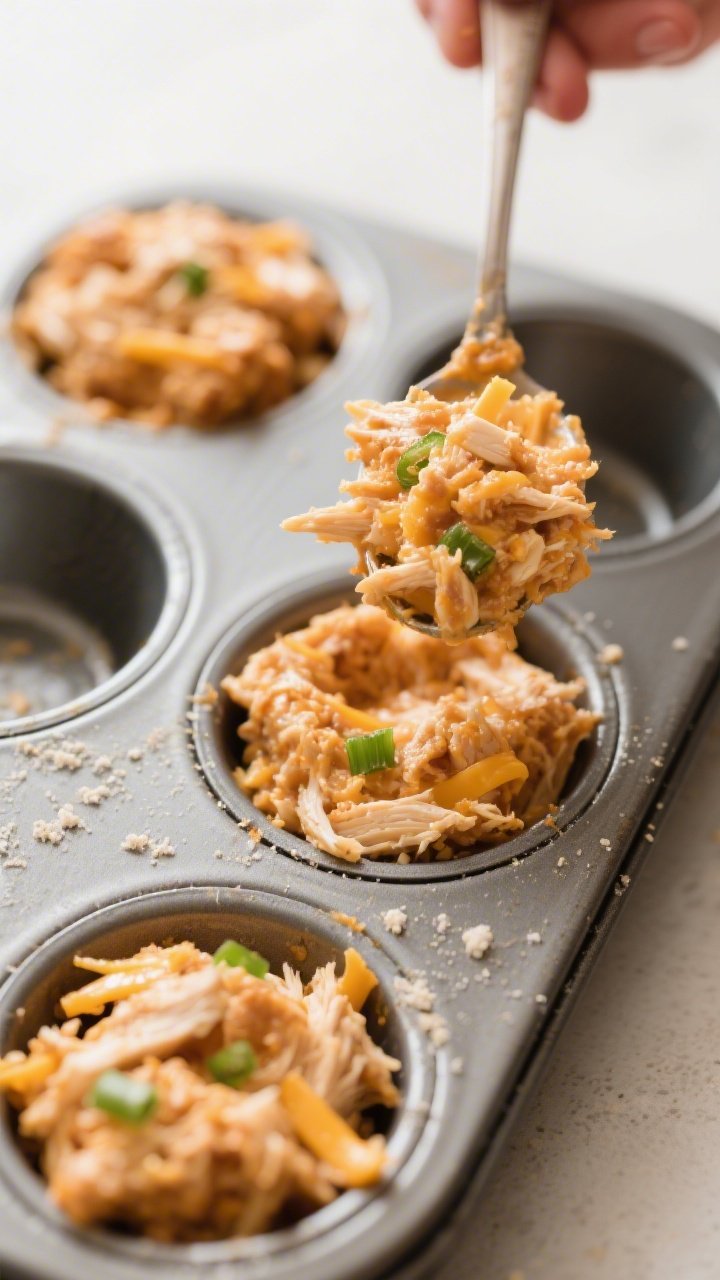 Cooking process beauty: The thick, scoopable buffalo chicken mixture being portioned into a greased 