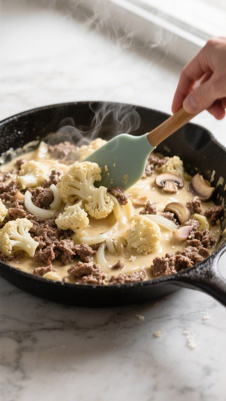Cooking process: Beef Alfredo mixture being folded together in a large skillet—browned ground beef