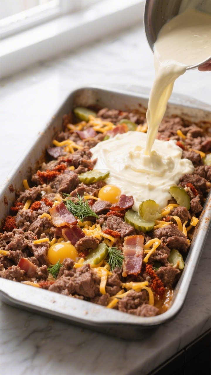 Cooking process: Beef-and-bacon mixture being spread evenly into a greased 9x13 casserole pan, showi