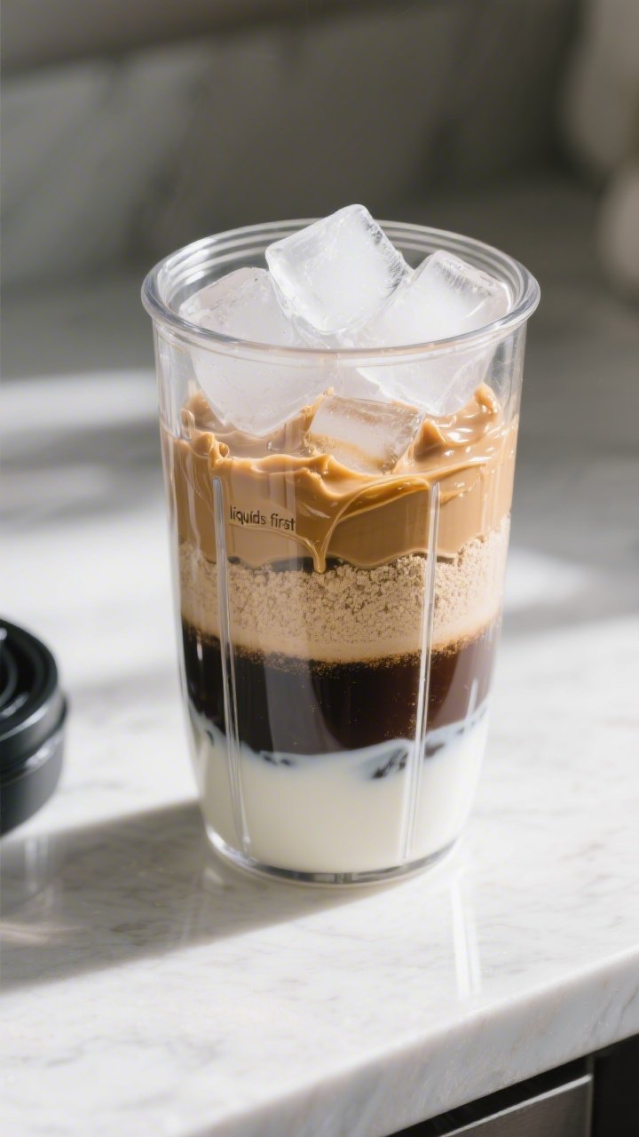 Cooking process: Blender jar filled in proper order—unsweetened almond milk and chilled brewed cof