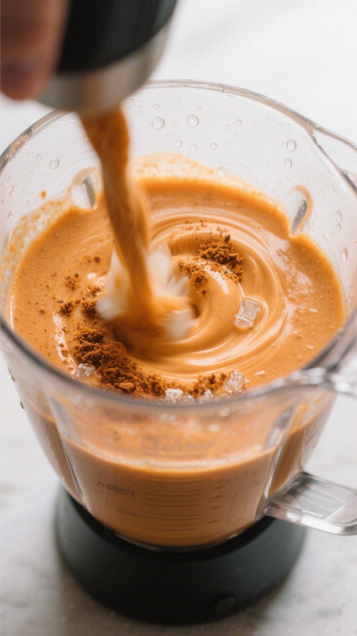 Cooking process – Blending action: A clear, close-up shot of a high-speed blender mid-whirl blendi