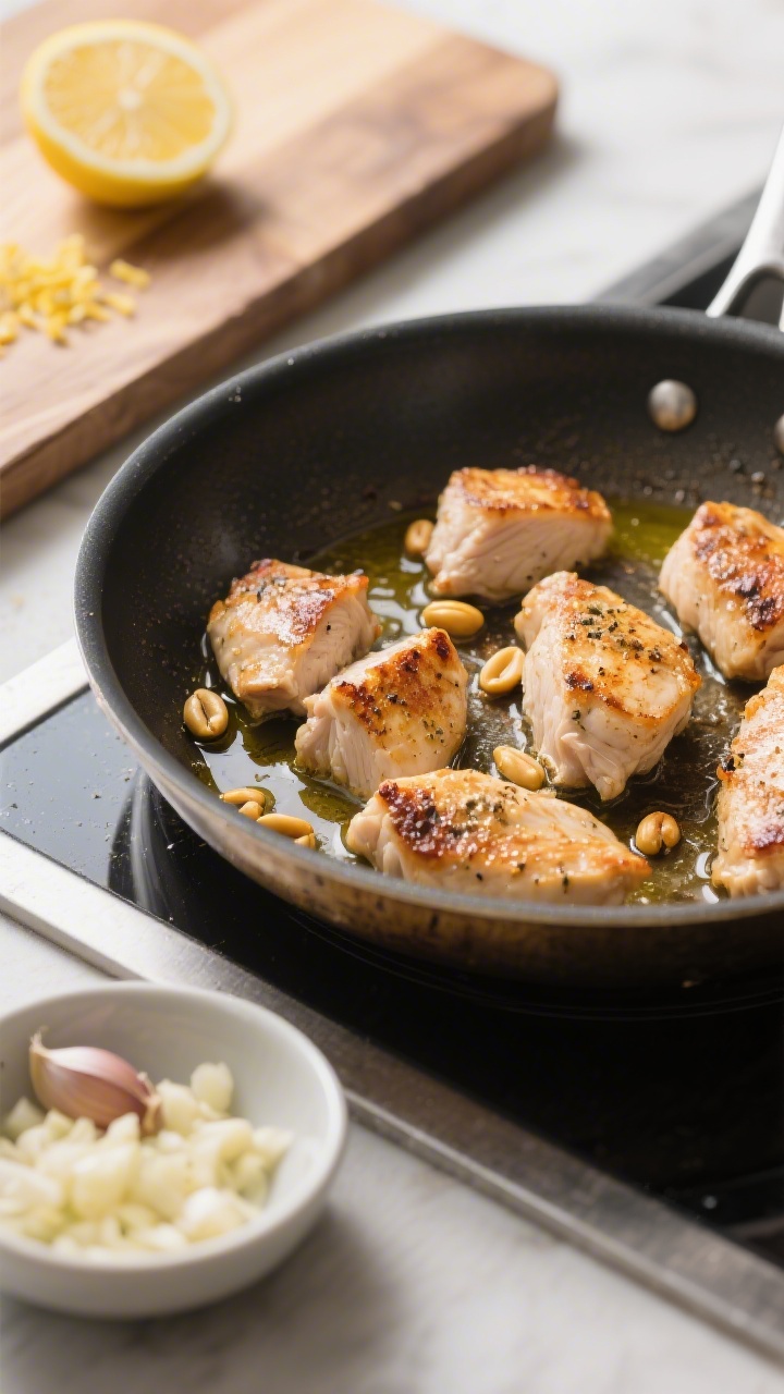 Cooking process: Chicken being seared in olive oil in a stainless skillet—bite-size pieces with we