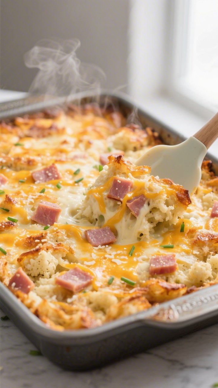 Cooking process close-up: A golden, bubbling Keto Ham & Cheese Hashbrown Casserole just pulled from 