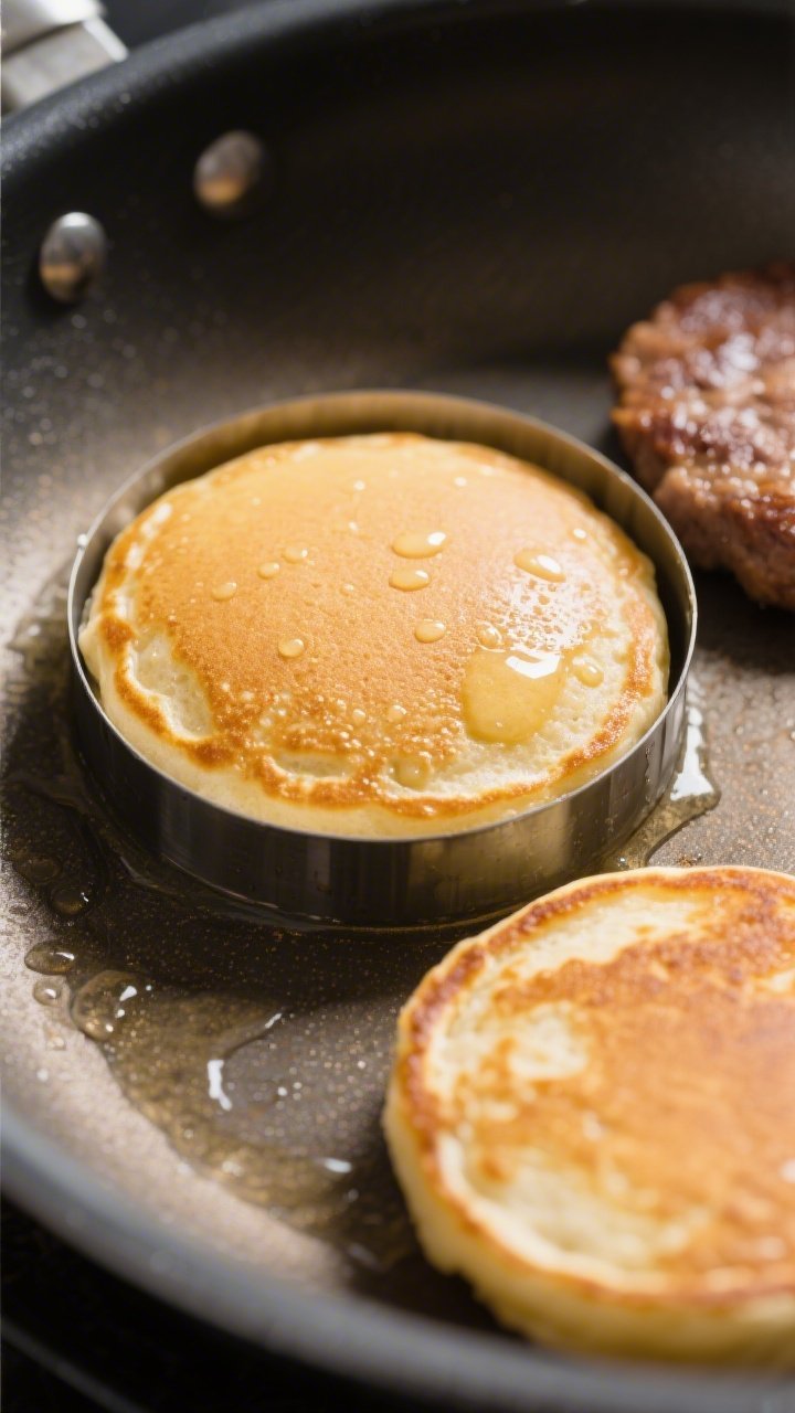 Cooking process close-up: A golden keto pancake bun cooking in a lightly buttered nonstick skillet, 