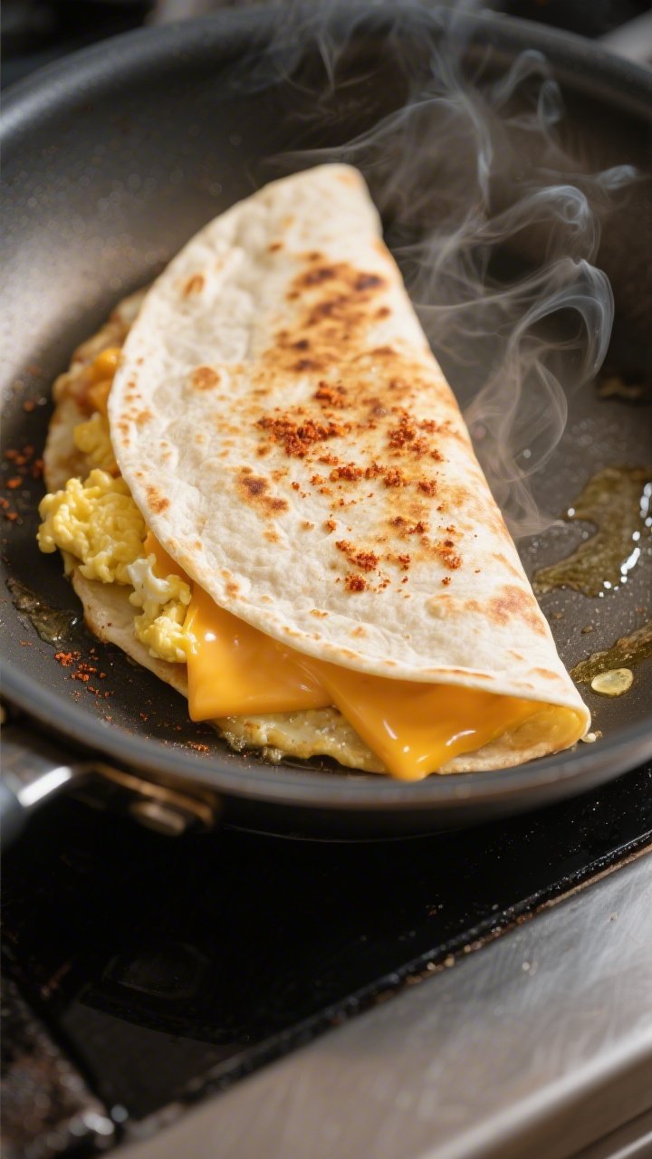Cooking process close-up: A half-moon breakfast quesadilla sizzling in a nonstick skillet, tortilla 