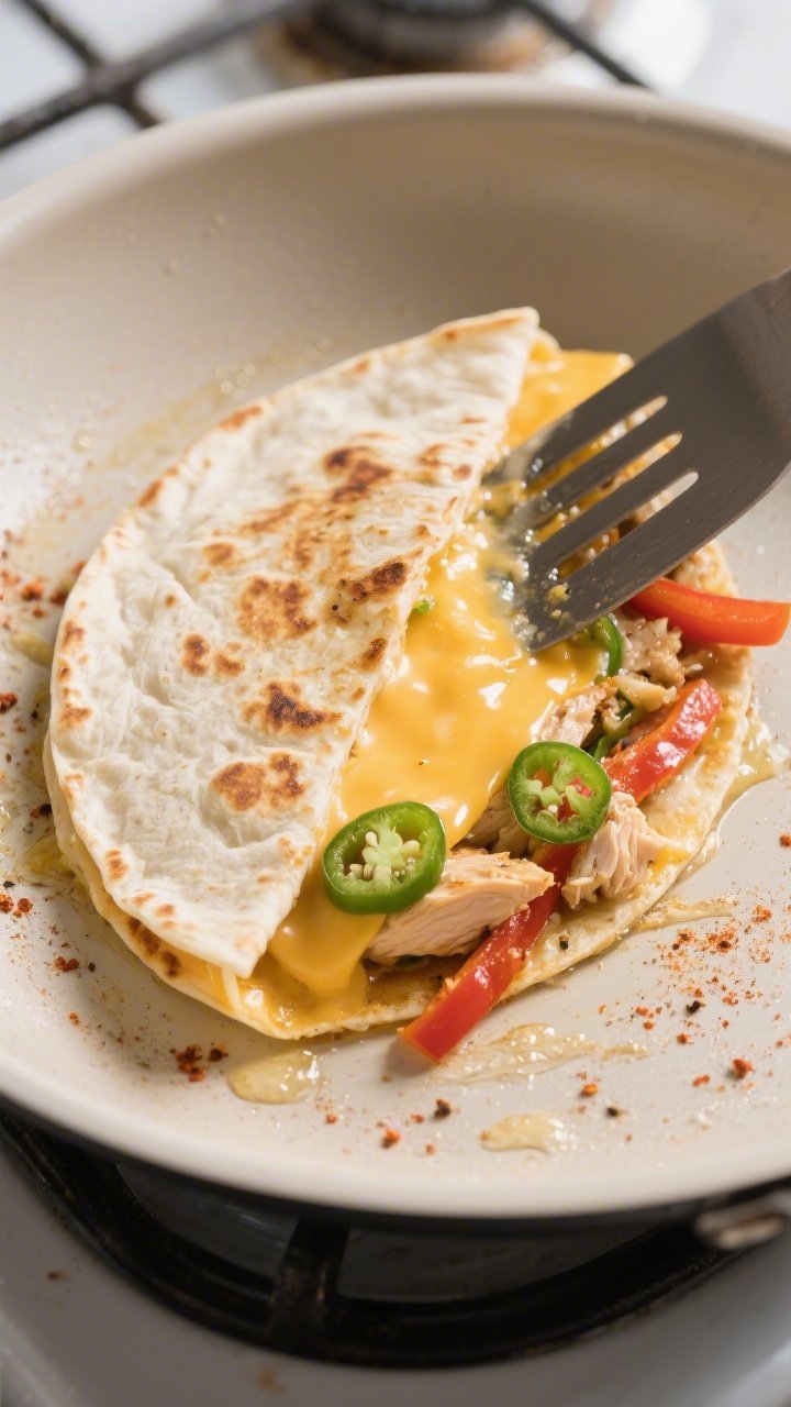 Cooking process close-up: A keto chicken quesadilla in a nonstick skillet mid-cook, folded into a ha