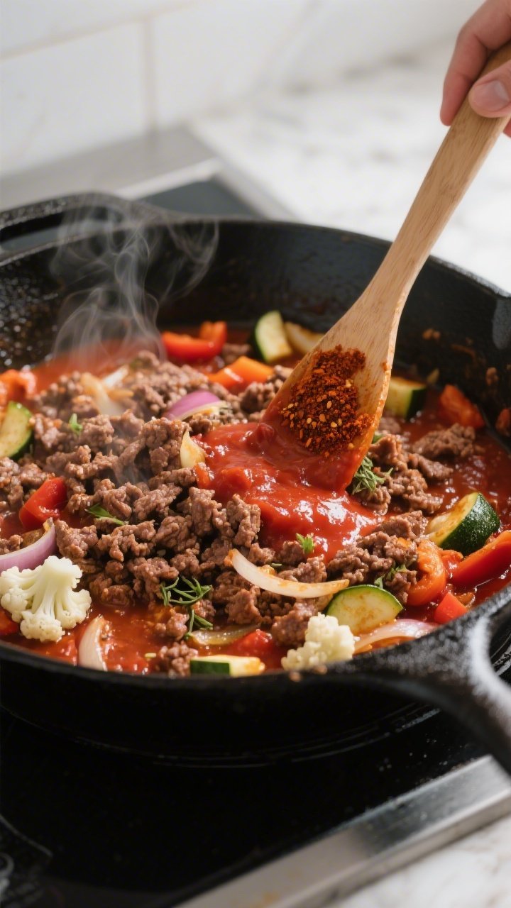 Cooking process close-up: A large black cast-iron skillet on the stovetop with browned, crumbled gro