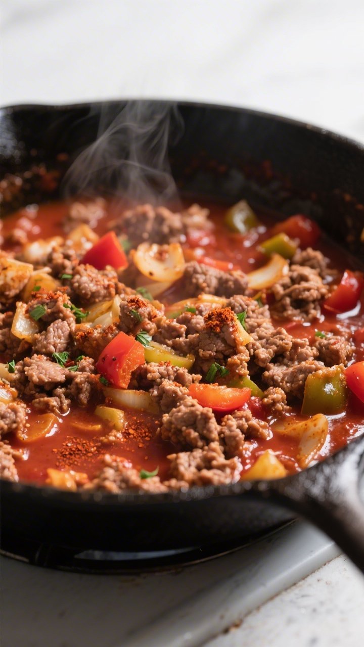 Cooking process close-up: A skillet of browned ground beef and turkey mixture simmering with low-car