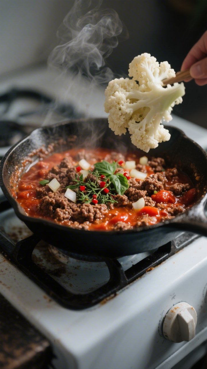 Cooking process close-up: A skillet of browned ground beef simmering with tomato sauce, tomato paste