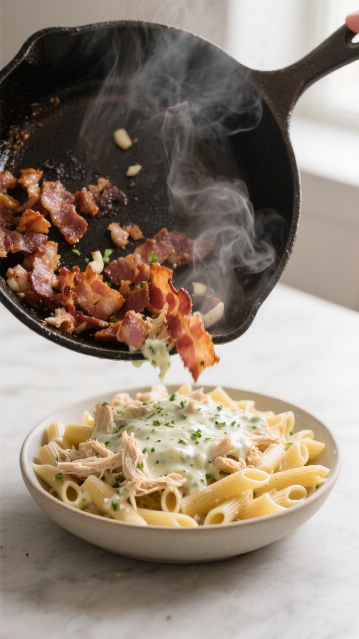 Cooking process close-up: A skillet of sizzling, fully cooked bacon being crumbled over a bowl of cr
