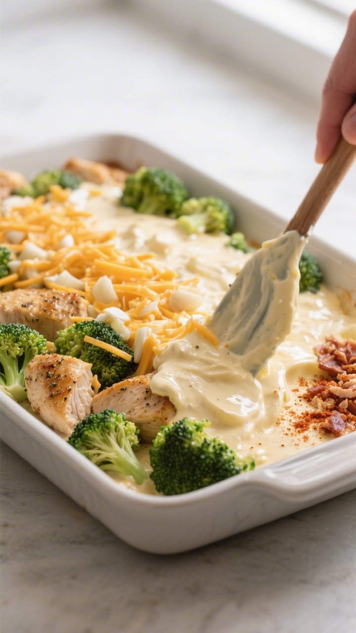 Cooking process close-up: Bite-size seasoned chicken and pre-steamed broccoli florets nestled in a 9