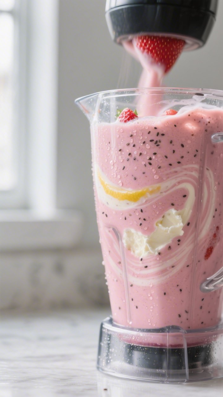 Cooking process close-up: Blender jar mid-whirl blending a Strawberry Cheesecake Keto Protein Smooth