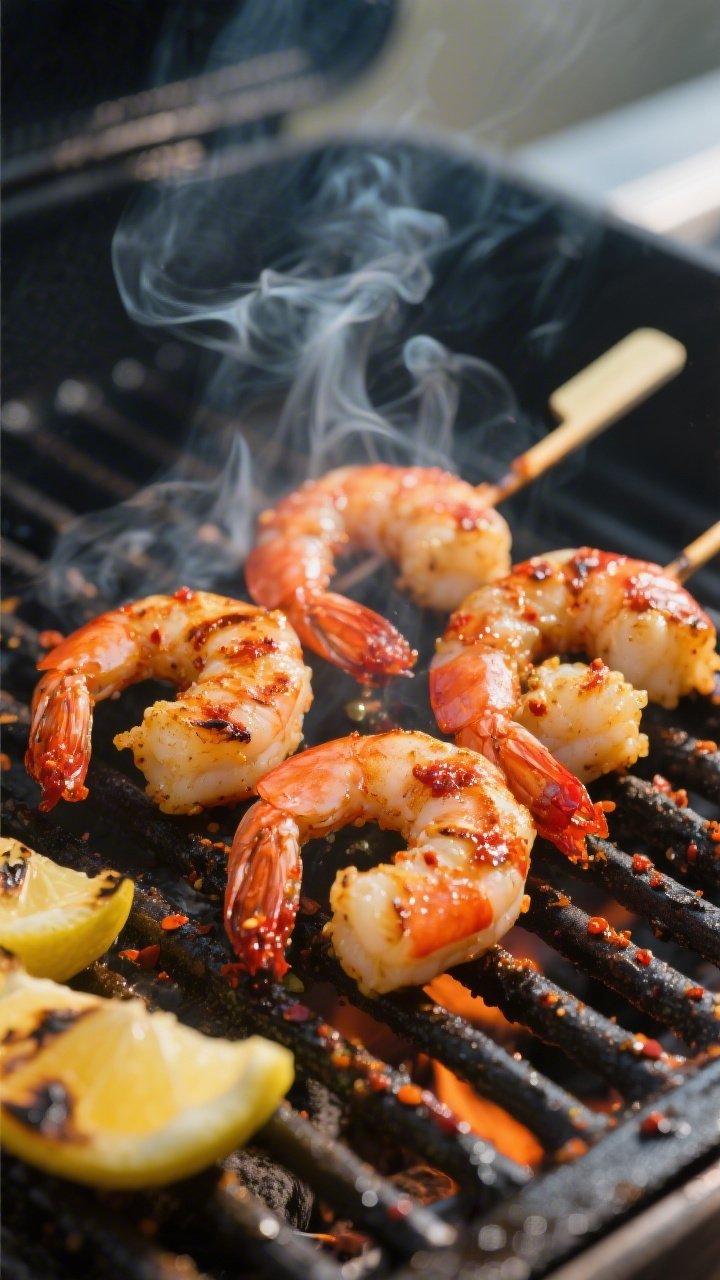 Cooking process close-up: Cajun-marinated shrimp skewers sizzling on a hot grill at medium-high heat