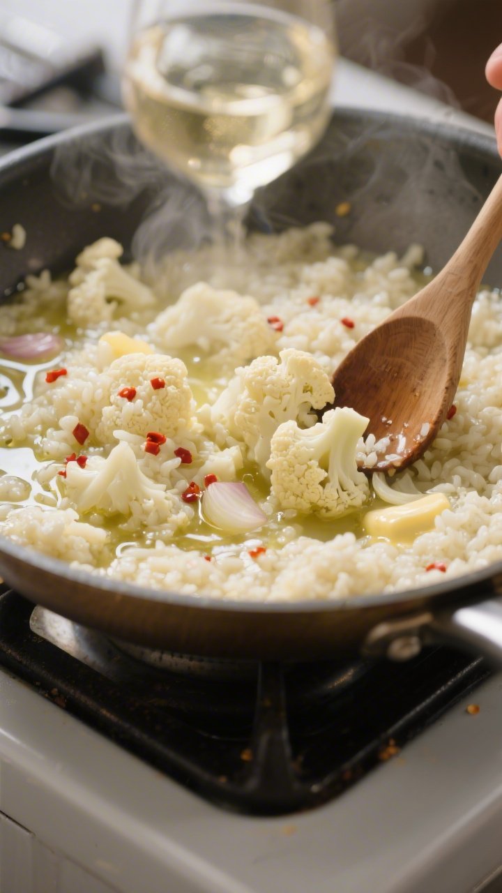 Cooking process, close-up: Cauliflower “risotto” simmering in a wide stainless skillet on medium