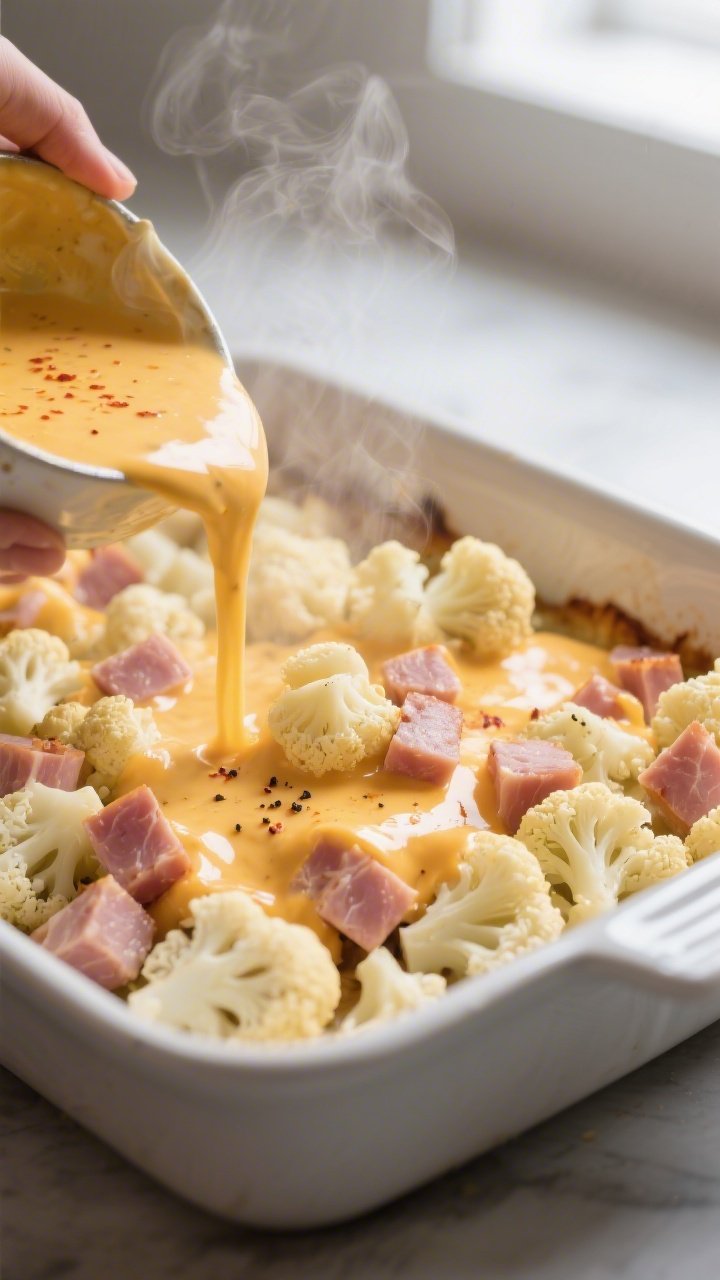 Cooking process close-up: Cauliflower and diced ham nestled in a 9x13 baking dish as glossy homemade