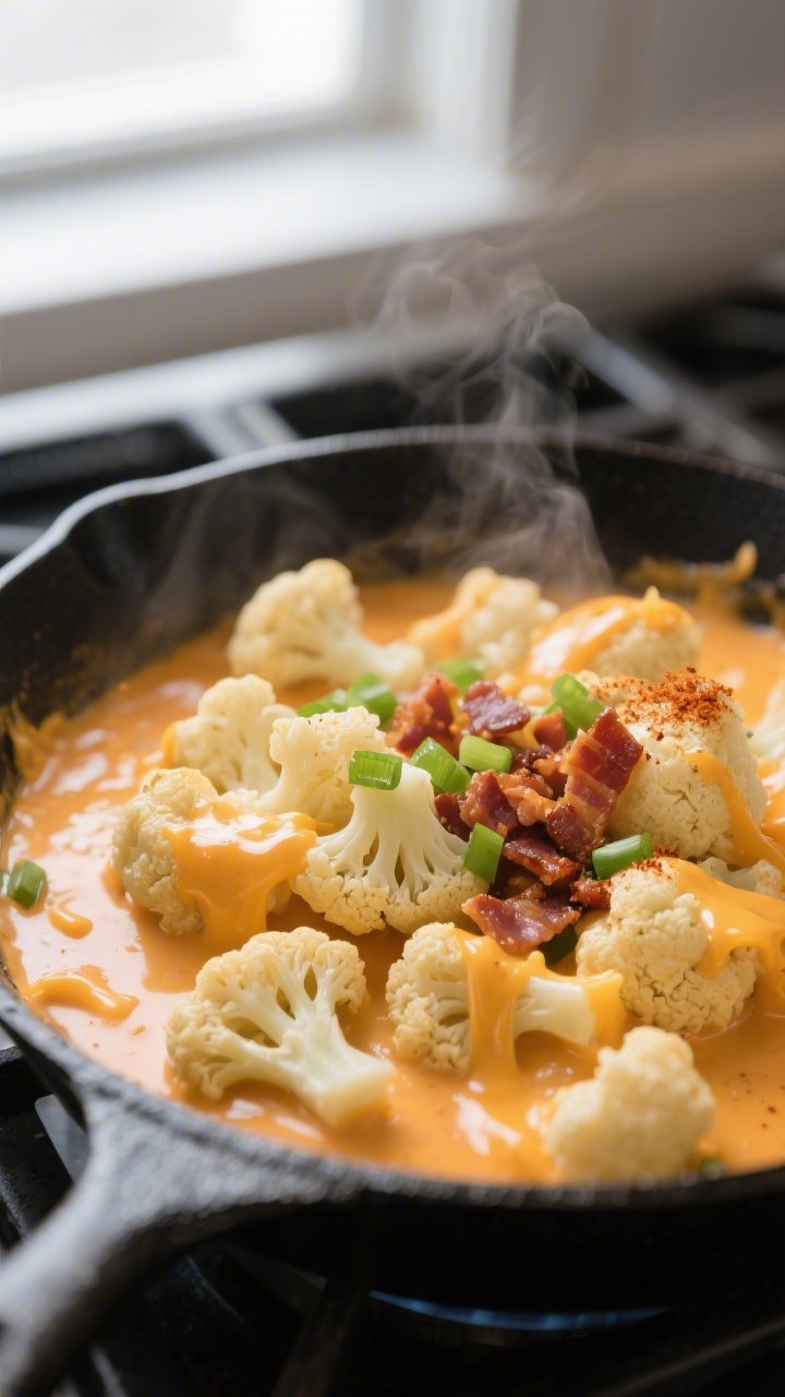 Cooking process, close-up: Cauliflower florets being gently folded in a silky cheddar cheese sauce i