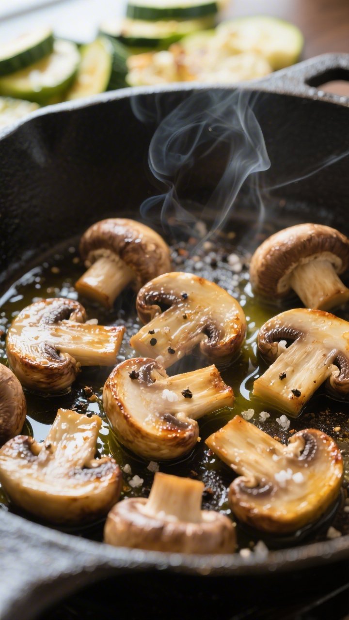Cooking process, close-up detail: Golden-browned cremini mushrooms searing undisturbed in a large ca