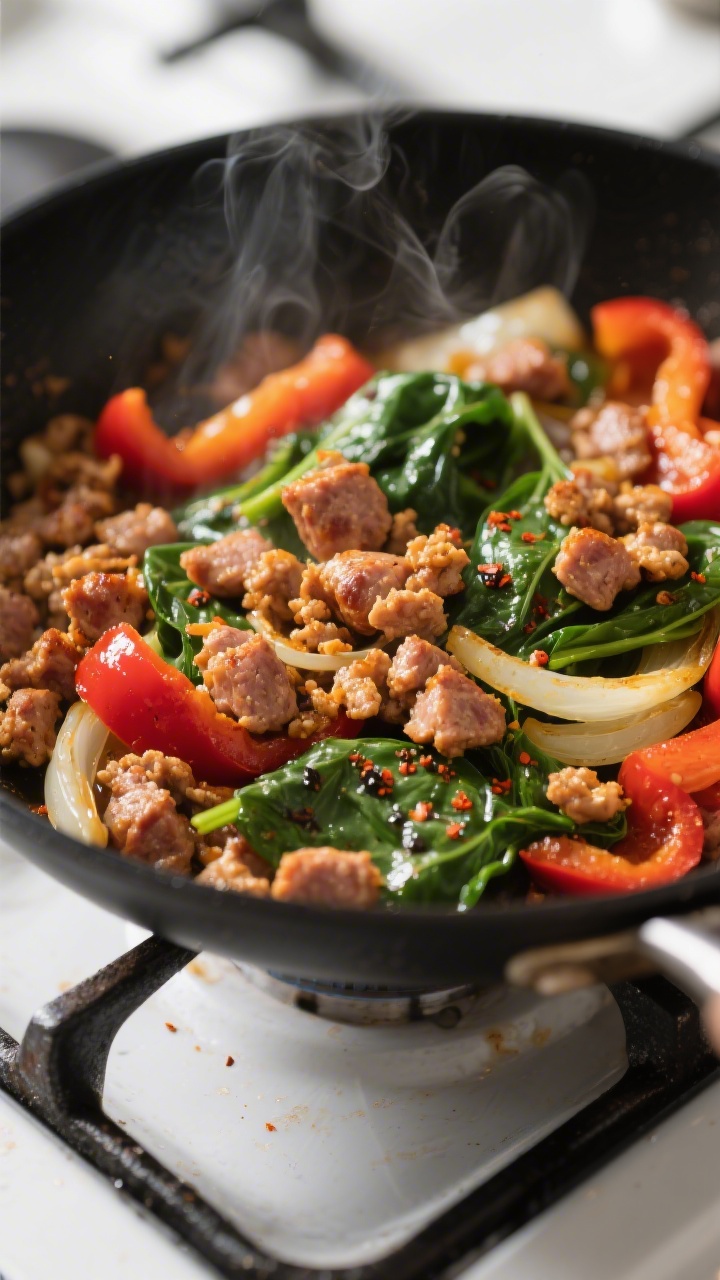 Cooking process, close-up detail: Golden-browned crumbled pork sausage sizzling in a skillet with sa