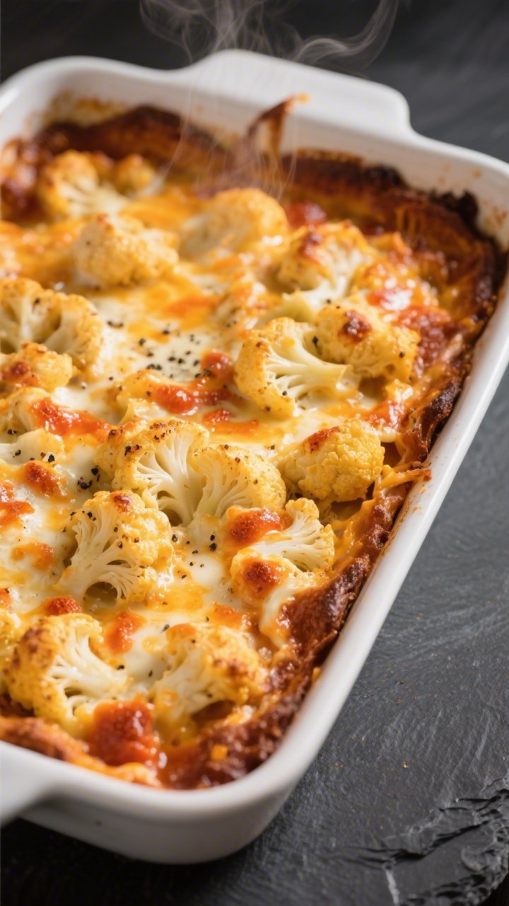 Cooking process, close-up detail: Golden-bubbly keto buffalo chicken cauliflower casserole just out