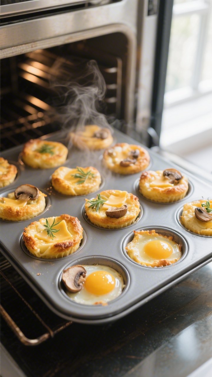 Cooking process, close-up detail: Golden, puffed egg muffins just out of the oven in a well-greased 