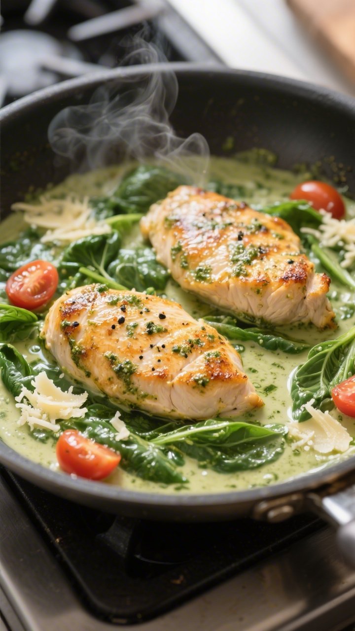Cooking process, close-up detail: Golden-seared chicken cutlets simmering in a large skillet, bathed