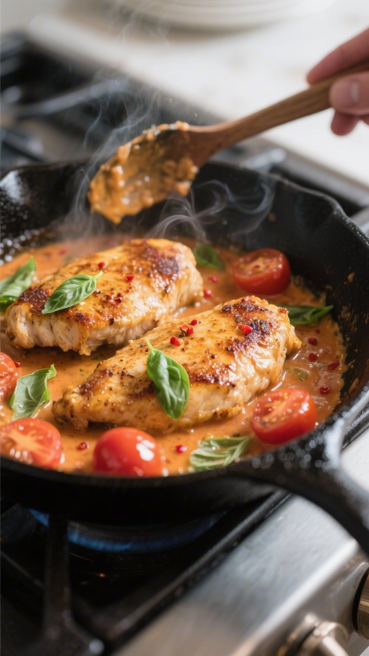 Cooking process, close-up detail: Golden-seared chicken cutlets sizzling in a black cast-iron skille