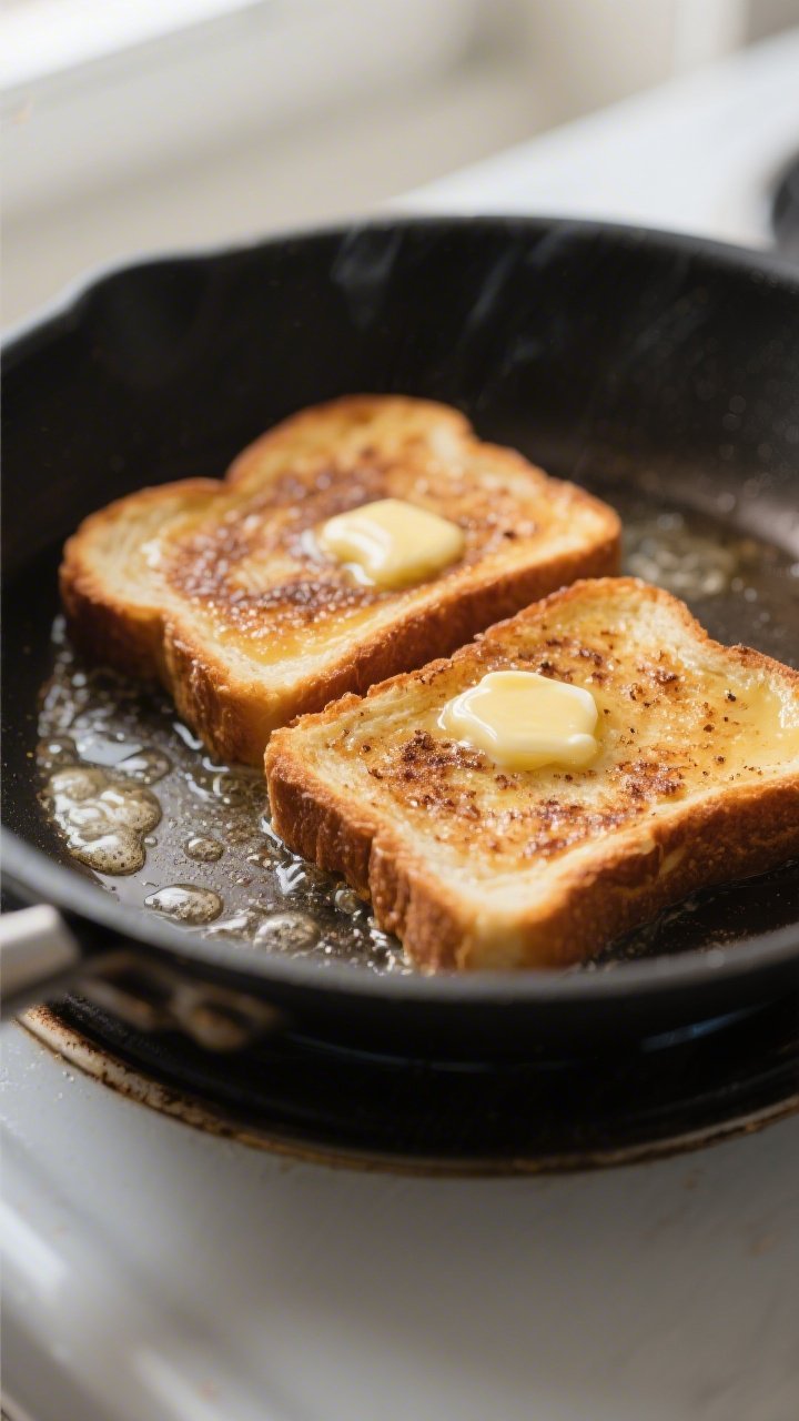 Cooking process, close-up detail: Keto French Toast slices sizzling in a butter-coated nonstick skil