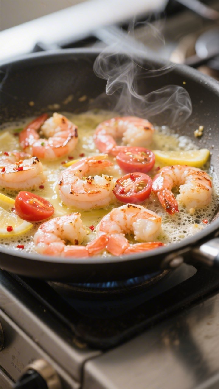 Cooking process, close-up detail: Sautéed shrimp turning pink and opaque in a large stainless skill
