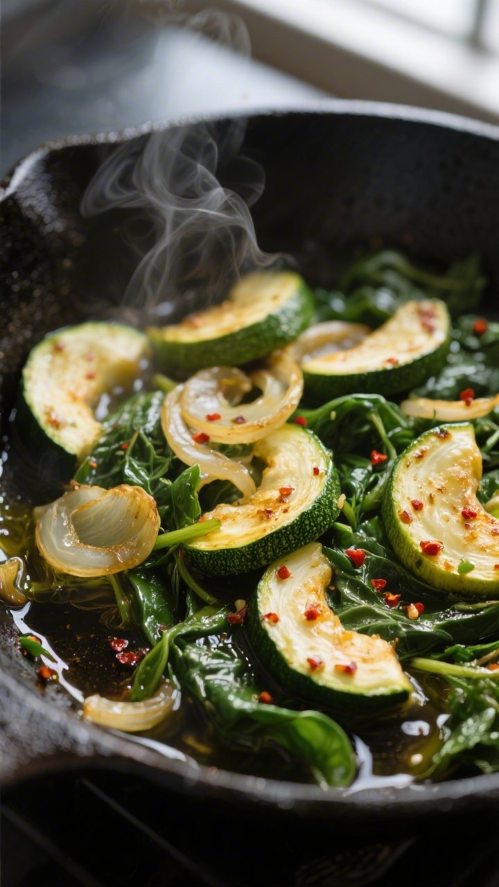 Cooking process, close-up detail: Sautéed zucchini half-moons and wilted spinach nestled with trans