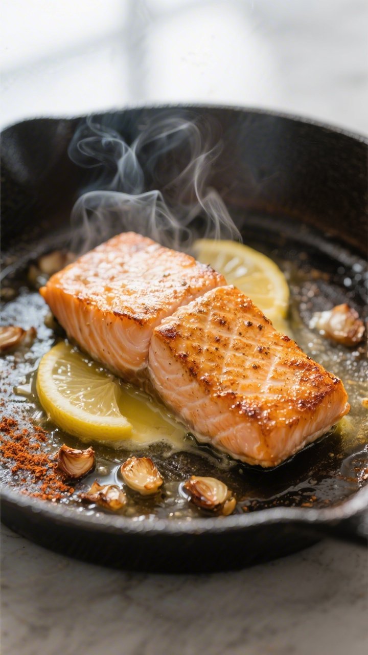 Cooking process, close-up detail: Seared salmon fillets in a hot cast-iron skillet, presentation sid