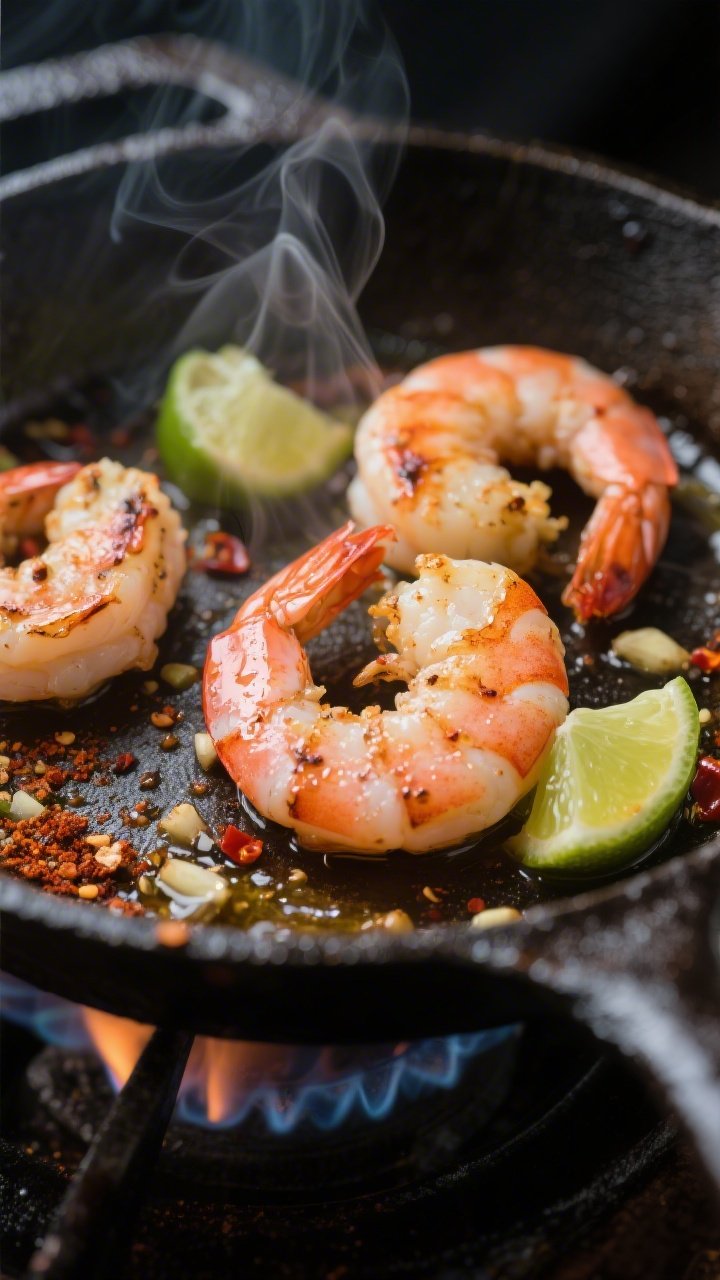 Cooking process, close-up detail: Searing chili-lime shrimp in a sizzling cast-iron skillet over med