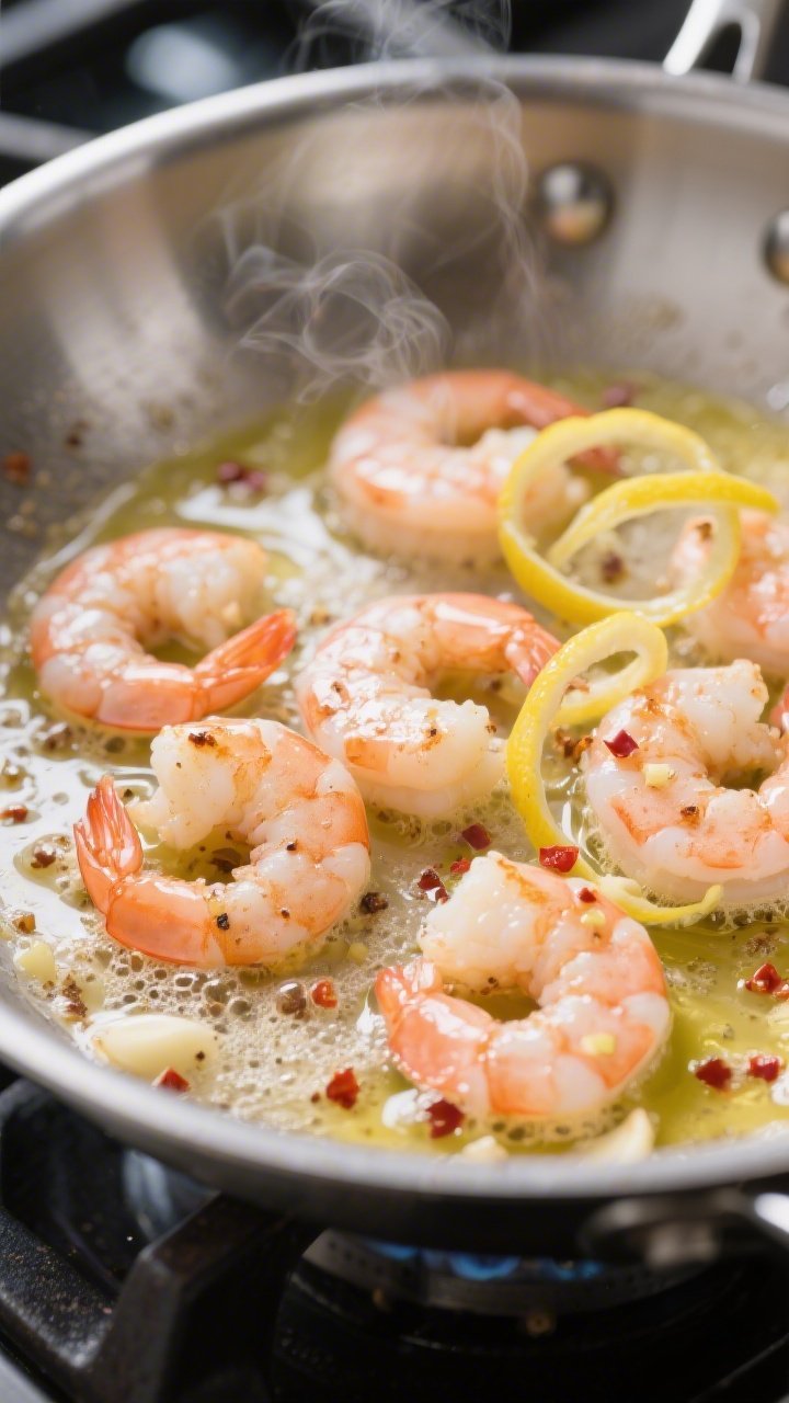Cooking process, close-up detail: Searing garlic butter shrimp in a stainless-steel skillet, shrimp 