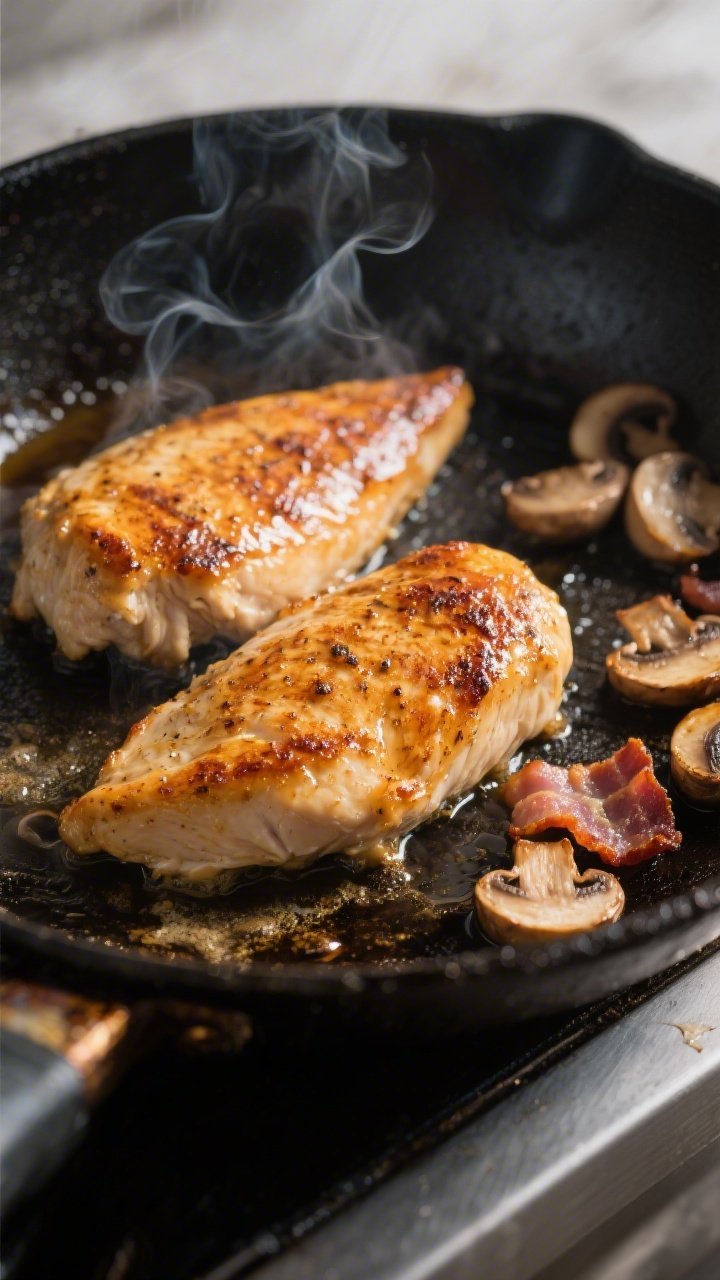Cooking process, close-up detail: Searing golden-brown chicken breasts in a large skillet, bathed in