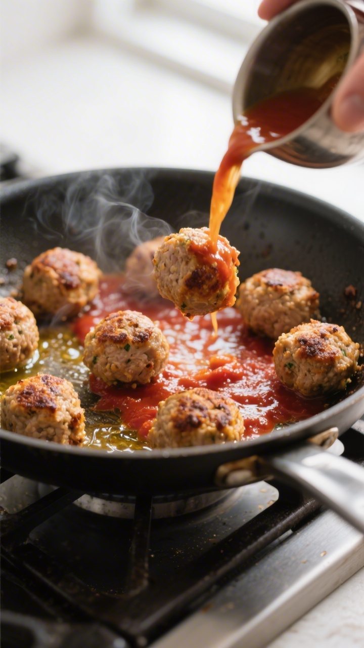 Cooking process, close-up detail: Searing keto Italian turkey meatballs in a large skillet, golden-b